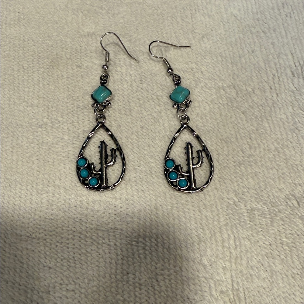 Silver Cactus Dangle Earrings with Turquoise Accents